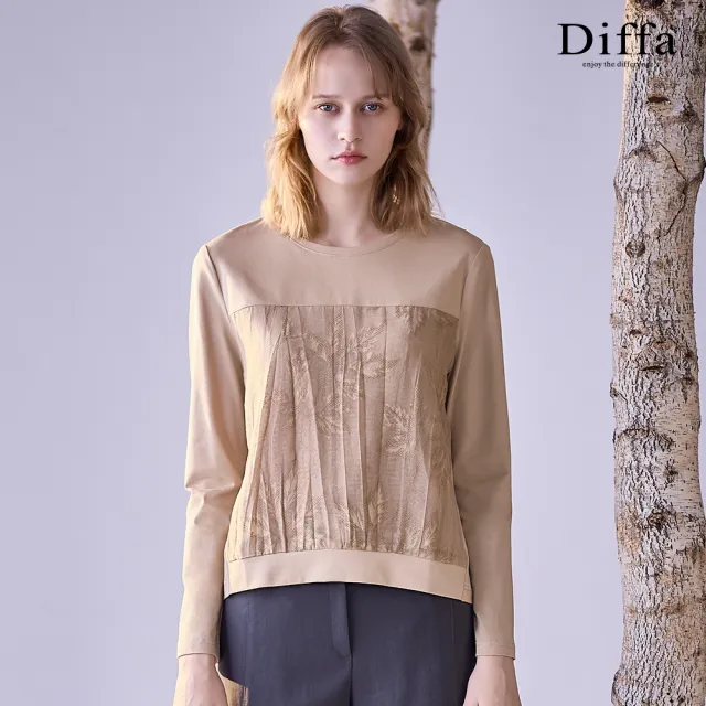 【Diffa】葉脈織紋壓褶異素材拼接長袖針織衫-女