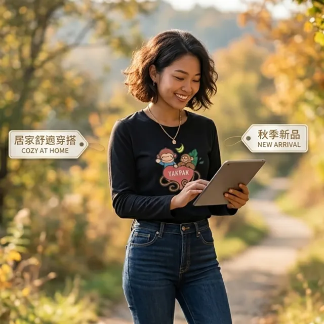【YAKPAK】台灣製高質感純棉俏皮猴子印花舒適長袖T恤