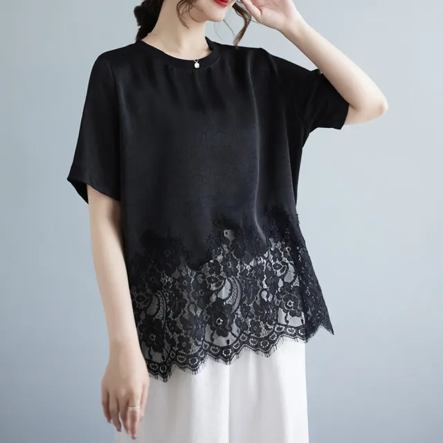 【ALLK 歐楷】新品上架  蕾絲拼接大尺碼上衣歐貨短袖 2色 尺寸L-XXL/中大尺碼/涼爽/透氣