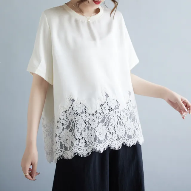 【ALLK 歐楷】新品上架  蕾絲拼接大尺碼上衣歐貨短袖 2色 尺寸L-XXL/中大尺碼/涼爽/透氣