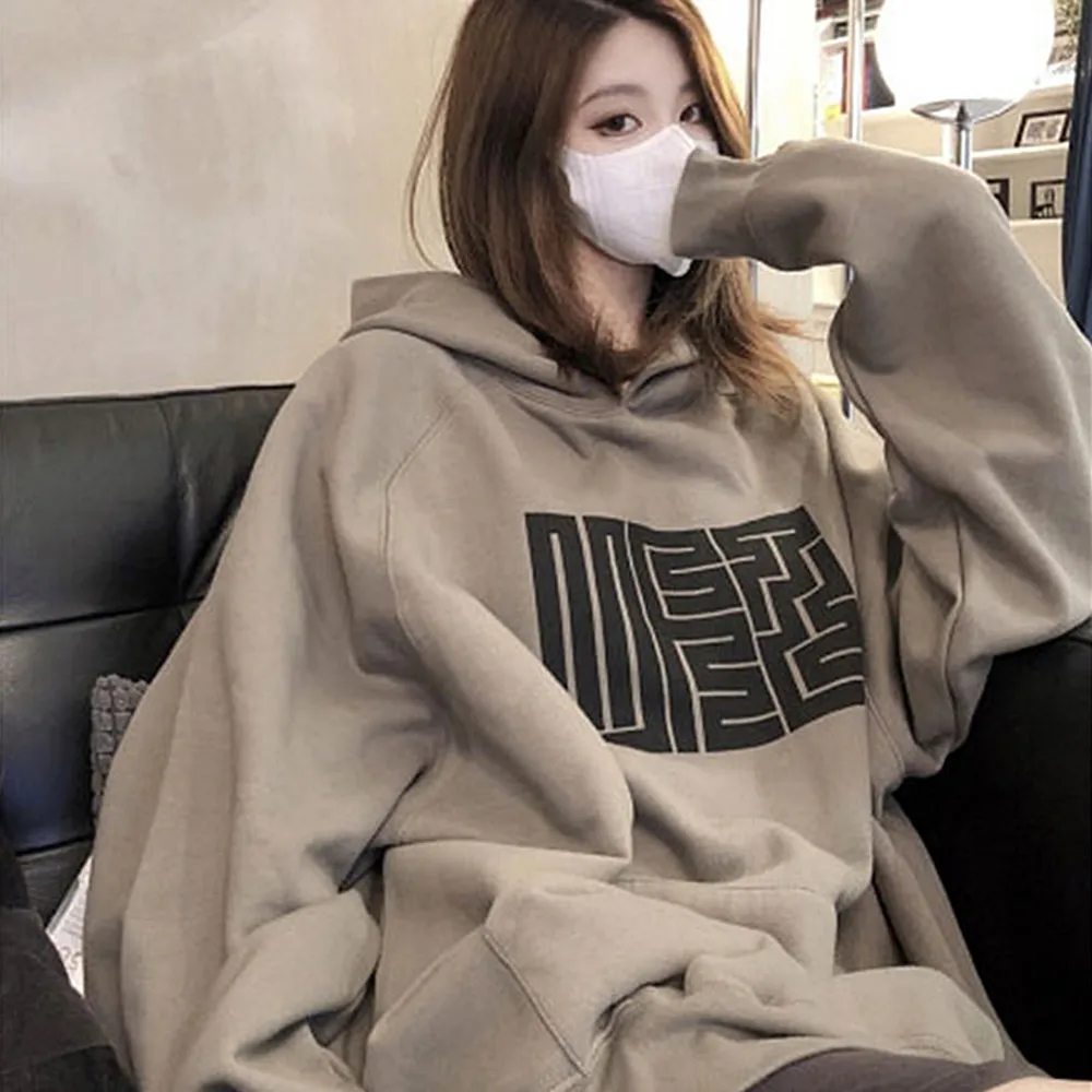 【D.studio】韓版復古內刷毛連帽寬鬆上衣(長袖上衣女裝衣服寬鬆上衣 顯瘦上衣長袖t恤冬裝大學TW312)