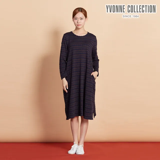 【YVONNE 以旺傢飾】凸條提花長袖洋裝-深丈青