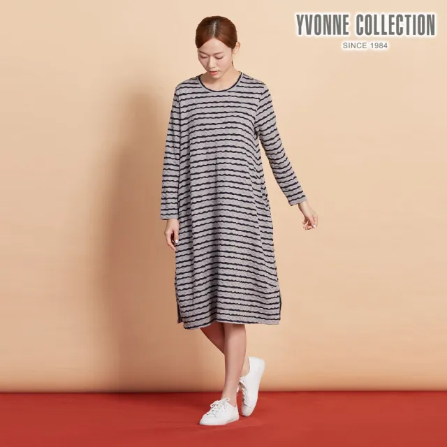 【YVONNE 以旺傢飾】凸條提花長袖洋裝-迷霧灰