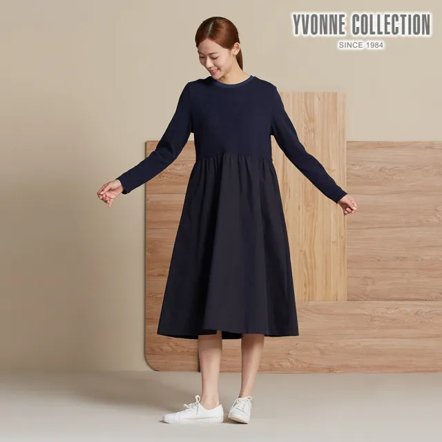 【YVONNE 以旺傢飾】麻花提花拼接洋裝-深丈青