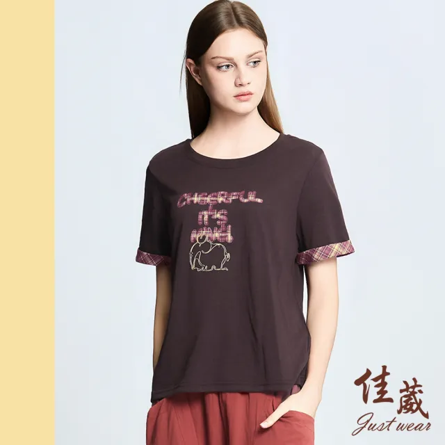 【Just Wear 佳葳】萌象格紋字母上衣(女上衣/短袖/輕透/格紋/拼接/可愛造型/休閒/百搭)