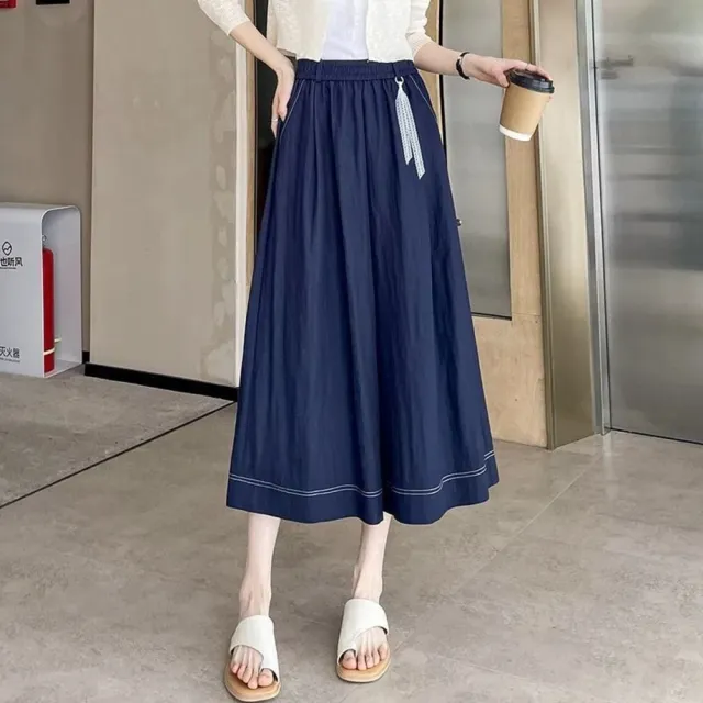 【AKARA】中大尺碼 女裝 秋冬 日風雜誌款牛仔高腰七分垂墜寬褲裙 #glitter #akara #trouser