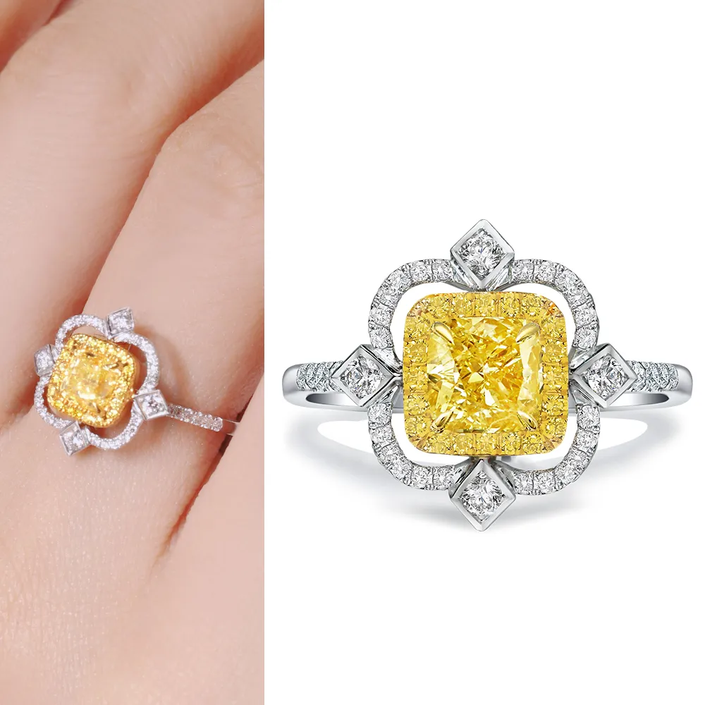【King Star】GIA 一克拉 18K金 黃彩天然鑽石戒指(枕型花式車工)