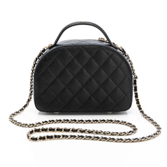 【CHANEL 香奈兒】25C 提把拉鍊弧形肩背包(黑/金-粒紋/金黑雙色鏈帶)