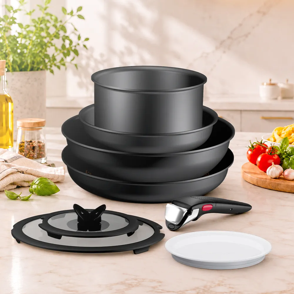 【Tefal 特福】精悍巧變精靈系列不沾鍋8件組-熔岩黑(適用電磁爐)
