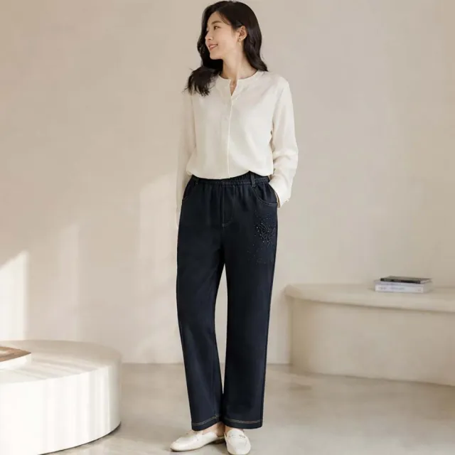 【ONEY 歐妮】現貨 蝴蝶刺繡休閒直筒褲(女裝/長褲/寬褲/休閒褲/日系/通勤)
