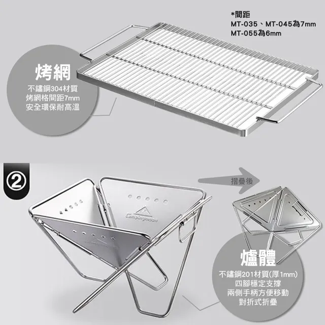 【Campingmoon 柯曼】加厚不鏽鋼焚火台 MT-035(加厚 燒烤爐 MT035 附收納袋 烤肉架 露營 逐露天下)