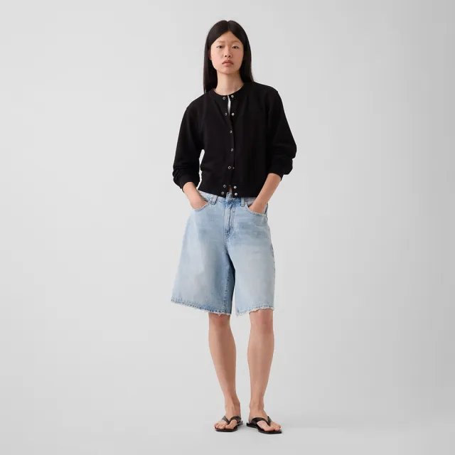 【GAP】VintageSoft毛圈布寬鬆短版開襟大學T-黑色(911058)