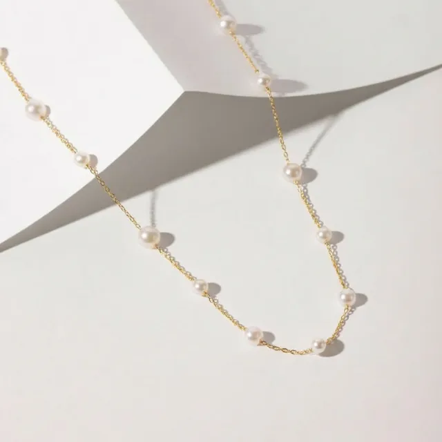 【City Diamond 引雅】網路獨家 日本進口 18K 天然珍珠3.5mm+5mm 黃K金 滿天星 造型 項鍊 (東京Yuki系列)
