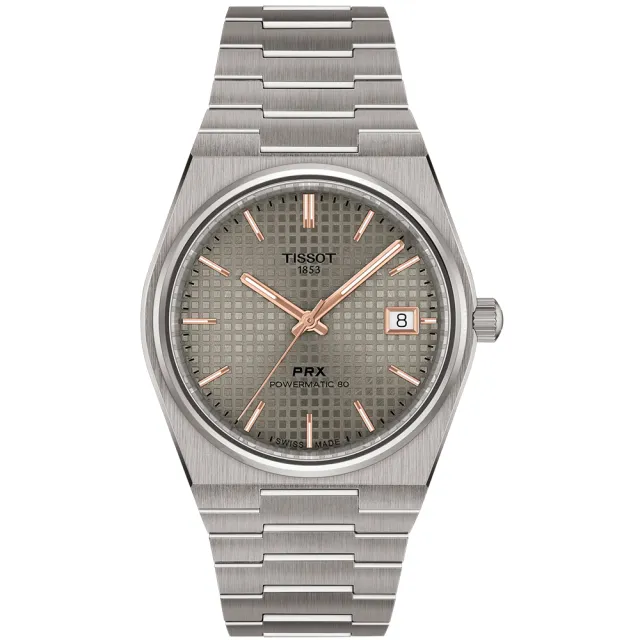 【TISSOT 天梭】PRX系列 復古風酒桶型鈦金機械錶-38mm 雙11 送禮(T1378074406100)