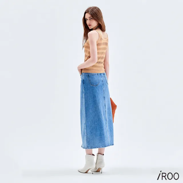 【iROO】不對稱剪裁開衩牛仔裙