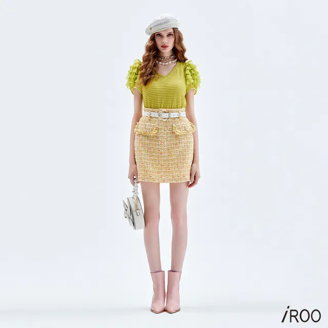 【iROO】花粉黃小香風花呢短裙