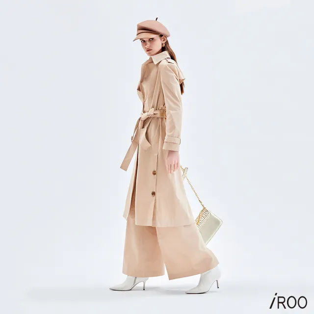 【iROO】奶茶咖色翻領長版風衣
