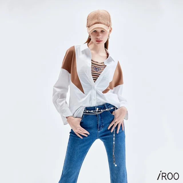 【iROO】摩卡咖色拼接大襯衫