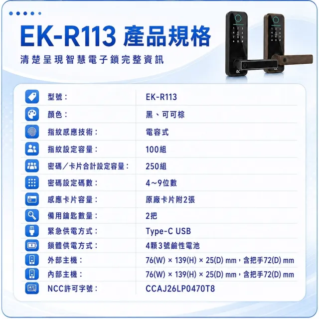 【EASYKEY】EK R113 把手型 智慧電子鎖/智能鎖/輔助鎖-黑色 (指紋│卡片│密碼│鑰匙│APP)
