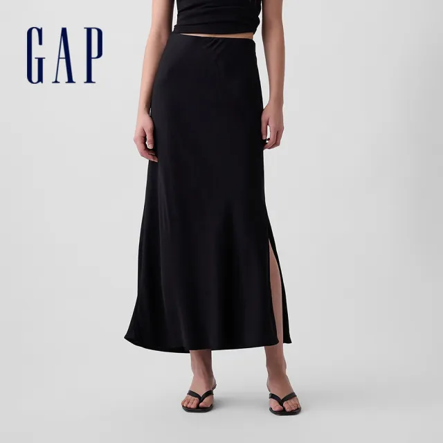 【GAP】長版緞面裙-經典黑(912603)