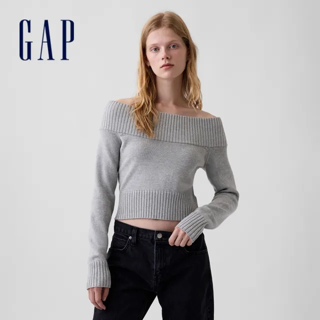 【GAP】短版露肩毛衣-淺麻灰(910613)