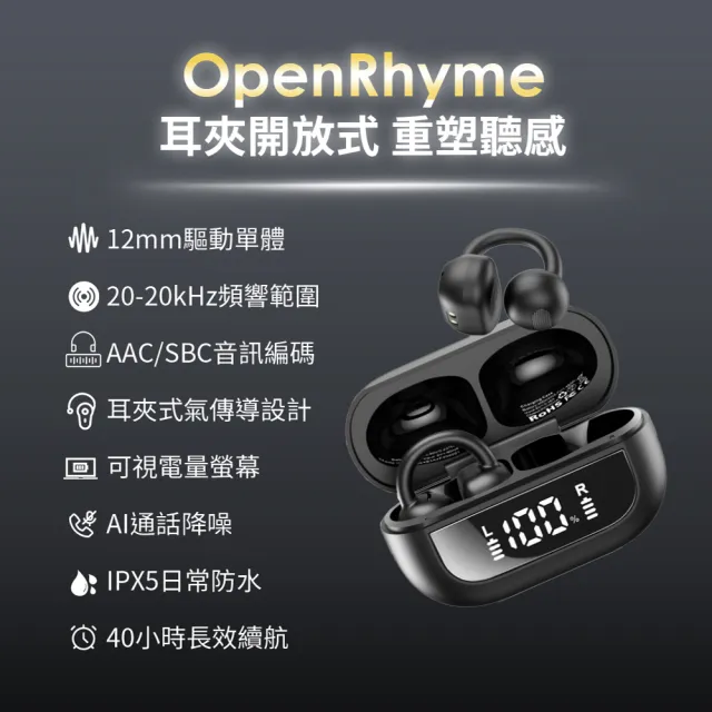 【TOZO】OpenRhyme開放式降噪耳夾無線藍牙耳機(AI通話降噪/專利聲學/電量顯示/氣骨傳導/原廠公司貨)