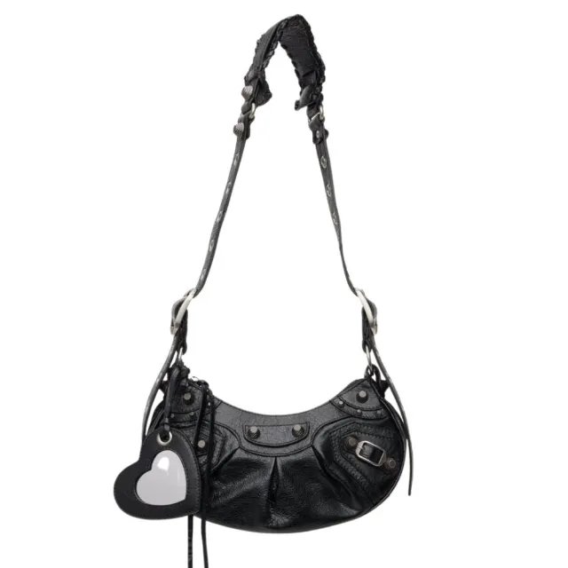 【Balenciaga 巴黎世家】LE CAGOLE XS 經典黑色小羊皮 半月迷你斜背包