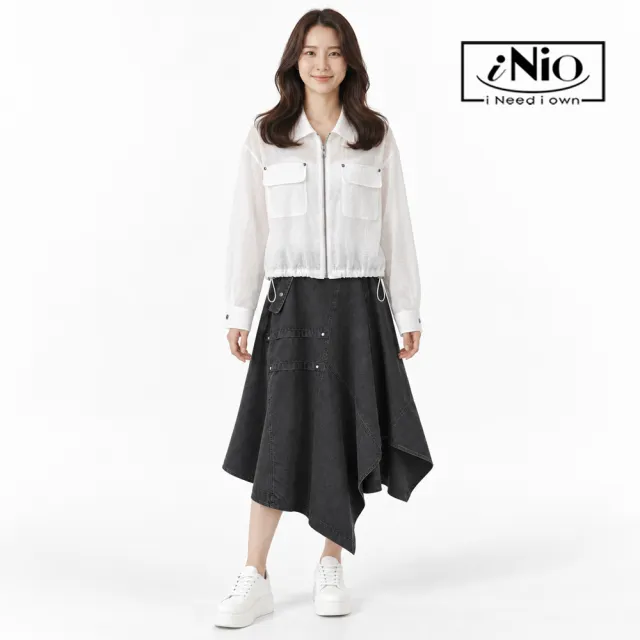 【iNio 衣著美學】不對稱V字斜襬鬆緊腰長裙 女斜式拼接造型裙 側拉鍊掀蓋口袋長裙 CHW2503