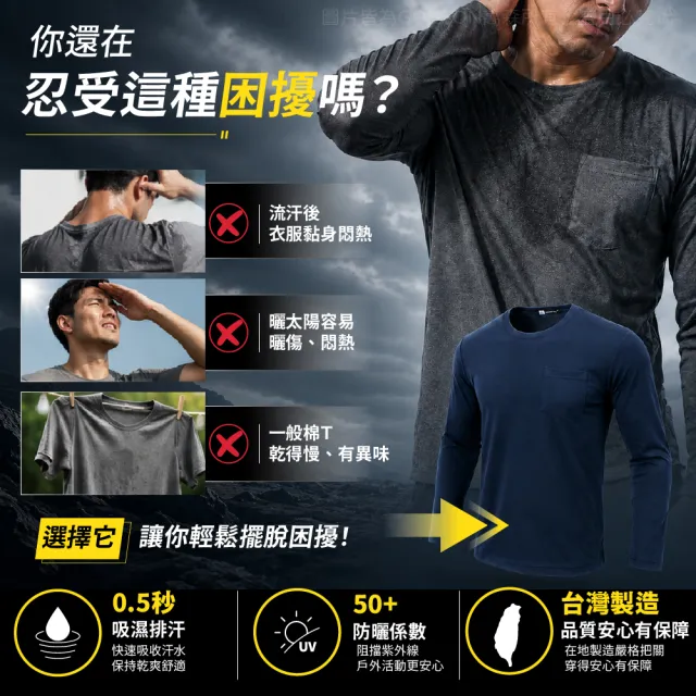 【GODSON】中性MIT 薄款吸濕排汗速乾防寒長袖(戶外工作圓領工作衫 素面素色薄長袖)
