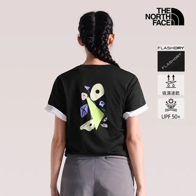 【The North Face】北面女款黑色FLASHDRY速乾圖案印花短袖T恤｜8G80JK3