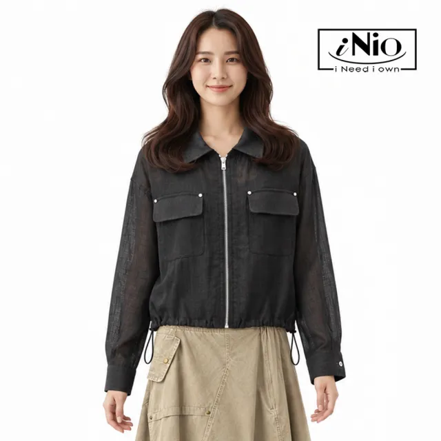 【iNio 衣著美學】翻領拉鍊輕薄短版外套 女落肩長袖外套 對稱掀蓋口袋下襬抽繩襯衫式外套 CHW4507