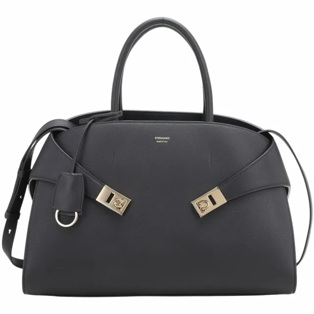 【Salvatore Ferragamo】HUG 大款 馬蹄金釦帶牛皮手提/斜背托特包(黑色 兩用包)