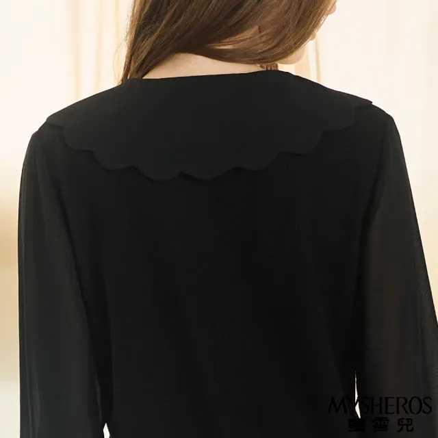 【MYSHEROS 蜜雪兒】七分袖造型上衣 波浪花邊領 法式愛心刺繡(黑)