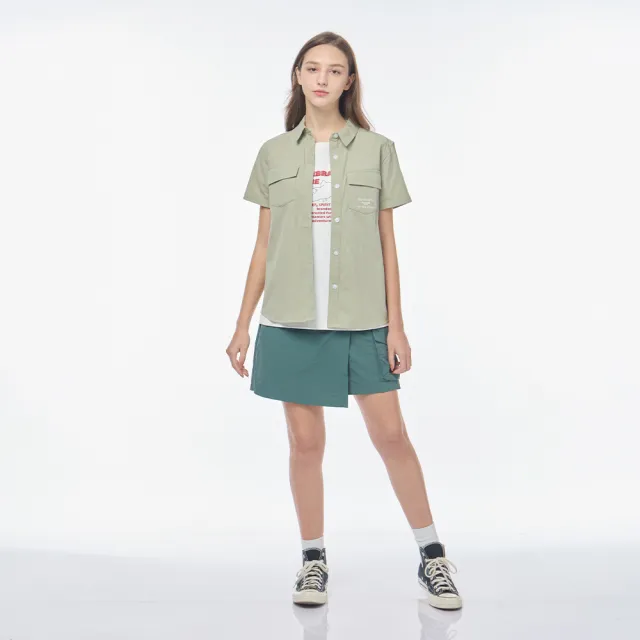 【JEEP】女裝 斜角雙口袋短袖襯衫(灰綠色)