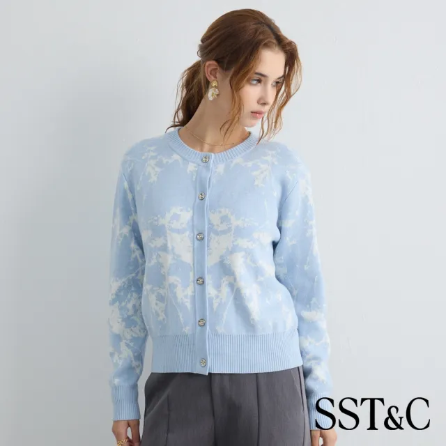 【SST&C】女裝_天藍色潑墨風緹花針織開襟衫(附領巾)82126917003(限時85折)