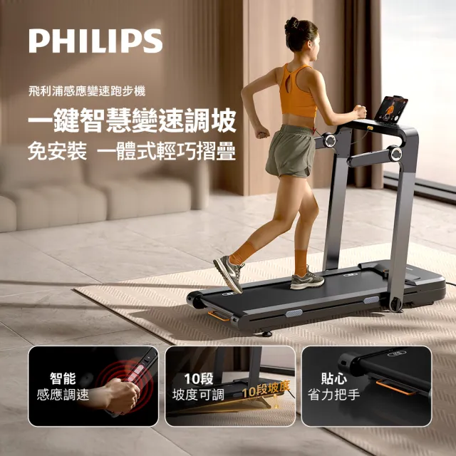 【Philips 飛利浦】FIT3102T 飛利浦感應變速跑步機-小赤狐(紅外線感應/蜂巢式緩震/輕巧摺疊免安裝)