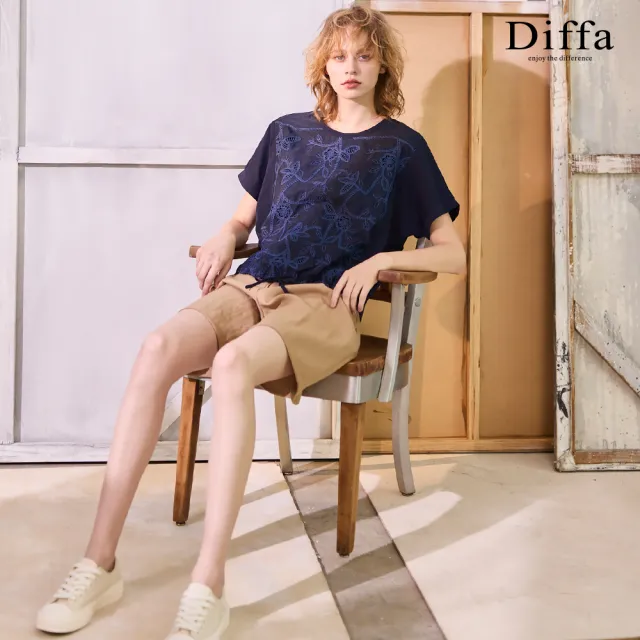 【Diffa】連袖綁帶異素材拼接涼感針織衫-女