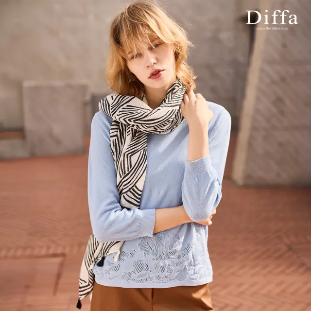 【Diffa】下襬鏤空緹花七分袖線衫-女