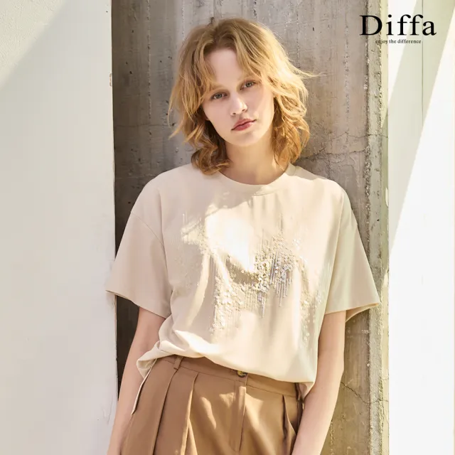 【Diffa】落肩亮片繡側襬開衩針織衫-女
