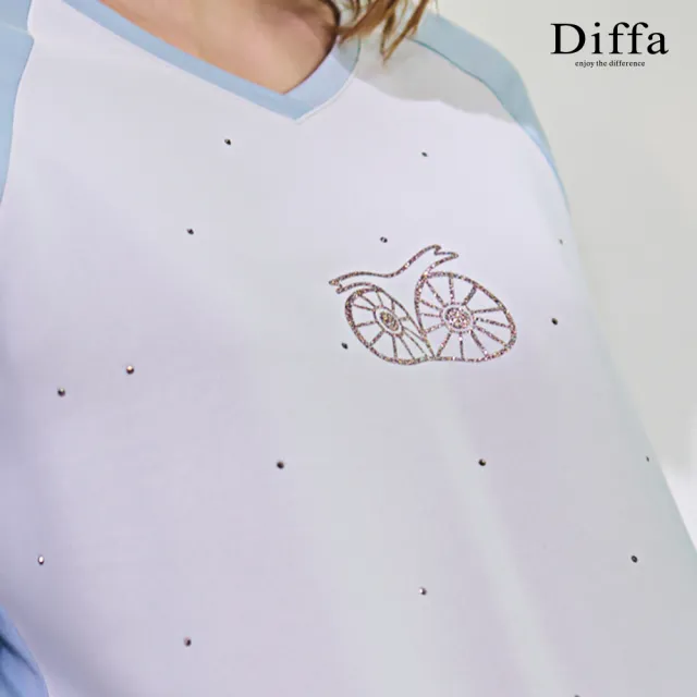 【Diffa】貓頭鷹印圖異素材拼接拉克蘭袖針織衫-女