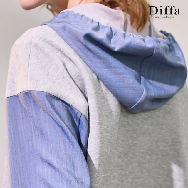 【Diffa】異素材拼接連帽落肩針織衫-女