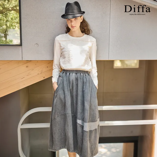 【Diffa】異素材拼接緹花下襬抽繩針織衫-女