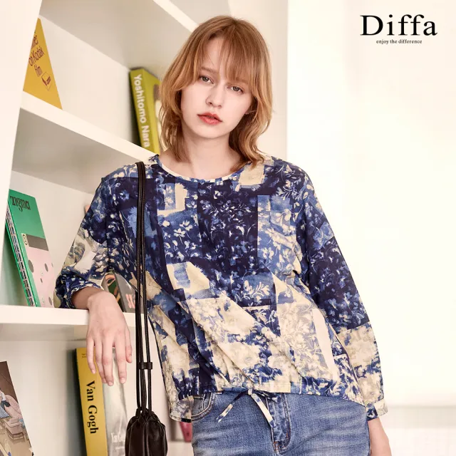 【Diffa】藍白窗花落肩綁帶上衣-女