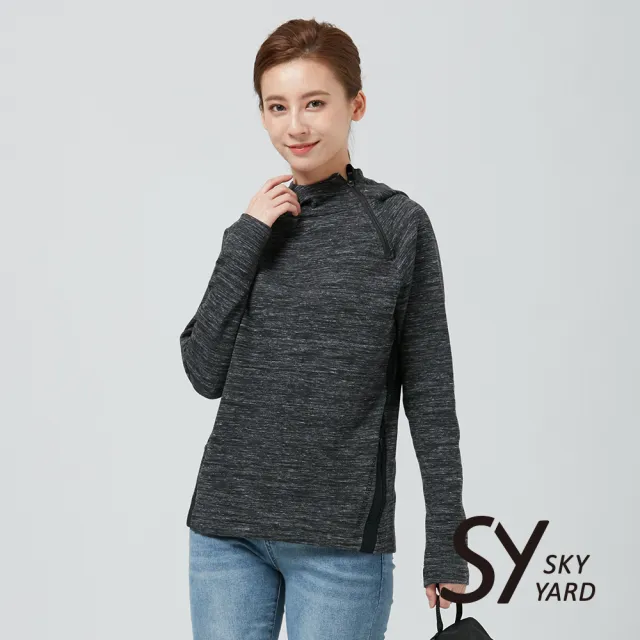 【SKY YARD】麻花色側頸拉鍊連帽長袖T恤-黑灰