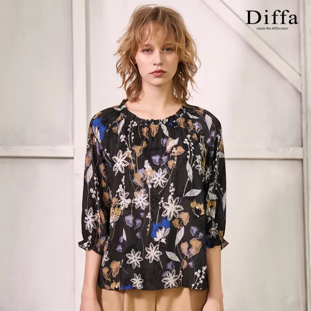 【Diffa】復古黑白花拉克蘭袖上衣-女
