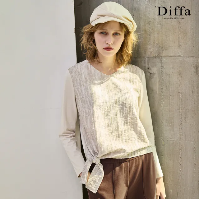 【Diffa】異素材拼接綁結針織衫-女