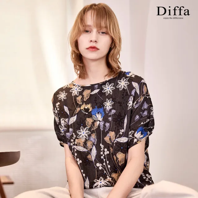 【Diffa】復古黑白花蓬袖上衣-女