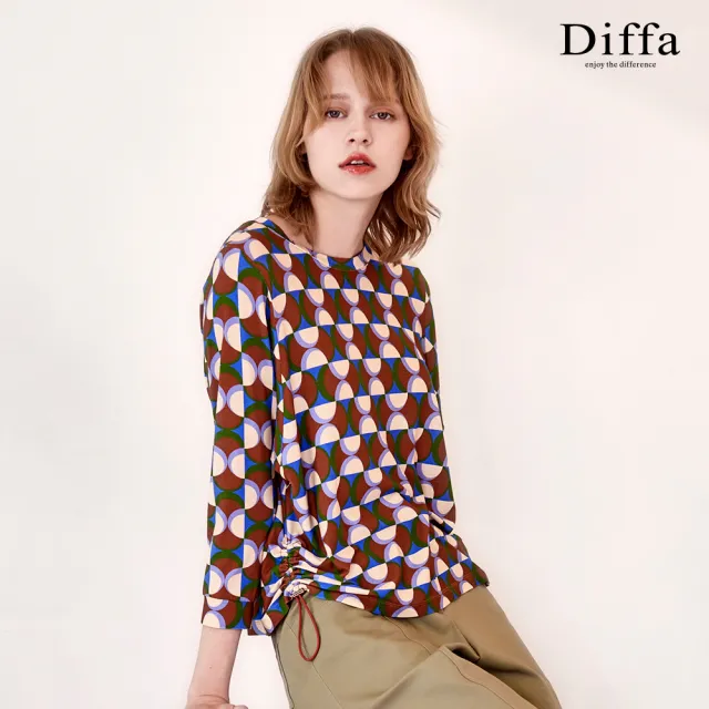 【Diffa】咖色幾何波點抽繩針織衫-女