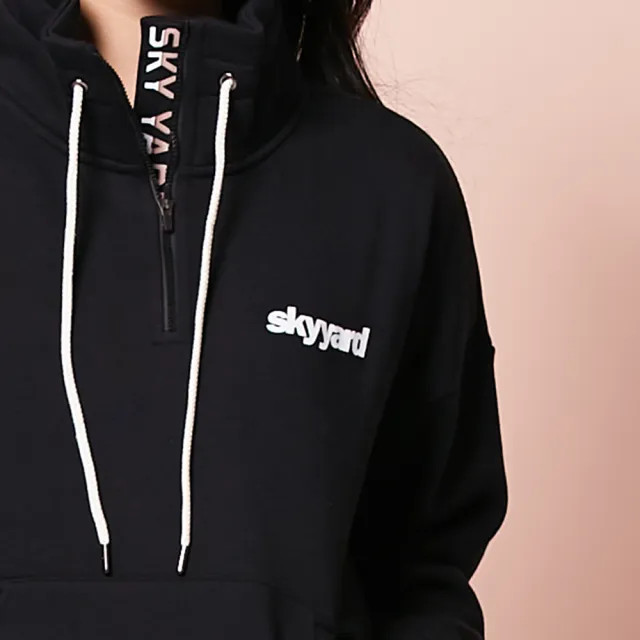 【SKY YARD】拉鍊立領刷毛長袖衛衣帽T-黑色