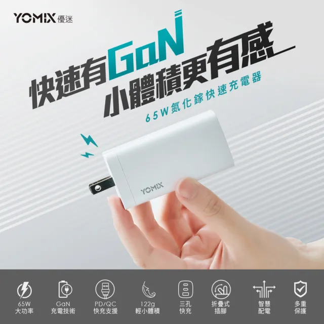 【YOMIX 優迷】65W氮化鎵PD三孔快充充電頭(typeC/USB/筆電快充/充電器/插腳折疊式/支援iPhone 18快充)